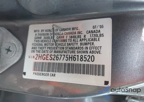 2005 Honda Civic Ex из США, поврежденный, VIN 2HGES26775H618520